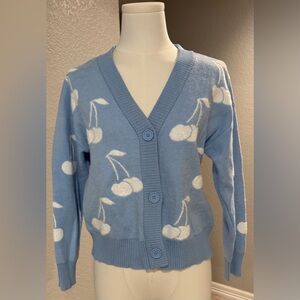 NWOT Nikka K Sky Blue Cherry Button Down Cozy Cardigan w/ Ribbed Trim